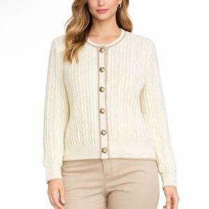 Vintage Mita Women's Ivory Beige Cable Knit LS Cardigan Lady Sweater Size 8P